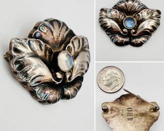 Vintage Georg Jensen sterling silver and moonstone pansy pin