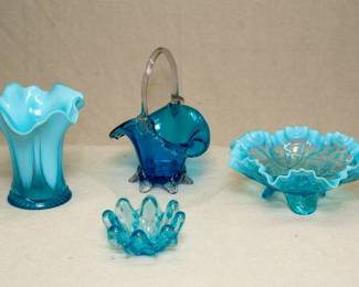 A Fenton Art Glass Boggy Bayou blue opalescent swung vase, a blown glass blue flared basked with applied clear handle, possibly Murano; a vintage MCM small Murano glass swung glass eight-fingered bowl, and antique Jefferson Glass "Meander" opalescent blue glass spade footed bowl with crimped/ruffled edge circa 1901 - 1907.