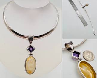 Sterling silver two piece pendant necklace with amethyst and natural stone