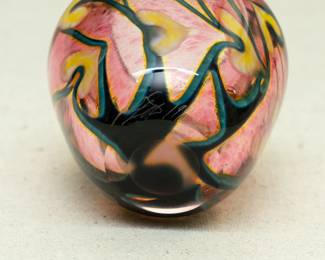 Another view of the small art glass vase by Charles Lotton, Multi Flora design