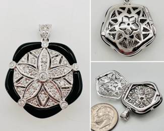 18k white gold, diamonds and onyx hinged locket pendant