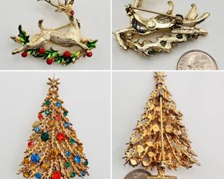 Christmas theme costume jewelry - A gold tone Rudolph the red nosed reindeer with enameled holly sprig pin, made by GERRYS; and an ART brand gold tone Christmas tree brooch decorated with multi color rhinestone ornaments