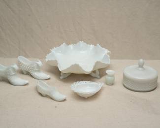 A vintage Fenton milk glass Slipper with Kitten in Daisy and Button pattern, a vintage Fenton milk glass Slipper with Kitten in Hobnail pattern, plus a smaller Fenton milk glass Daisy and Button shoe; a milk glass ruffled and footed bon bon dish, a Westmoreland shell shaped pressed milk glass dish, a Westmoreland Westmoreland Diamond pattern milk glass powder puff trinket dish