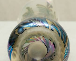 Closeup of an elegant art glass vase by Charles Lotton, base with engraved signature and '1991'