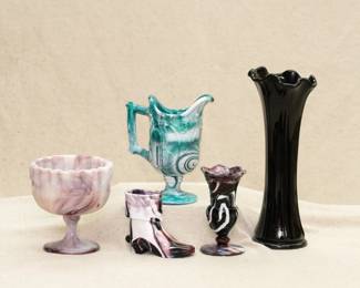 Vintage pressed glass including a Northwood 'Spool Of Threads' slag glass compote or sherbet cup, a Sowerby purple "Malachite" slag glass toothpick holder in form of cowboy boot with spur, a green and white slag glass pitcher (Possibly Imperial or Sowerby), and a vintage black amethyst glass swung vase,