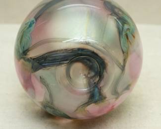 Closeup of an early Charles Lotton art glass vase, dreamy version of his Multi Flora decoration; signed and dated 1975