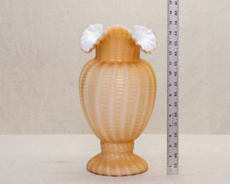 Photo of one of the pair of antique Stevens & Williams vases with ruler for scale. A rare, gorgeous—and large—pair of antique Stevens & Williams art glass vases, 15 inches tall, of pale honey gold "Zipper" mother of pearl (MOP) cased glass vases, with luminous vertical bands of pearlized dots from the round foot up to the rim, the mouth showing the inner white glass in a flared, crimped and ruffled rim.
