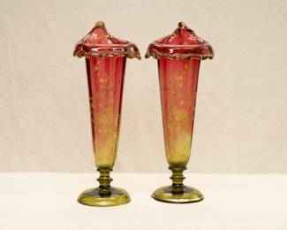 A stunning pair of antique art glass vases - Amberina glass trumpet form Jack in the Pulpit vases, beautifully hand painted with gilded tree peonies. In the Bohemian art glass style, likely by Moser.