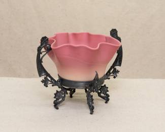 A satin finish Burmese glass bride's basket in a silver plated holder, the art glass likely by Mt. Washington or Thomas Webb; the holder stamped by Aurora S.P. Mfg Co (made in Illinois.)