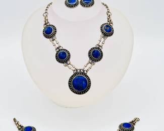 Sterling silver and blue natural hard stone demi parure — earrings, necklace and bracelet
