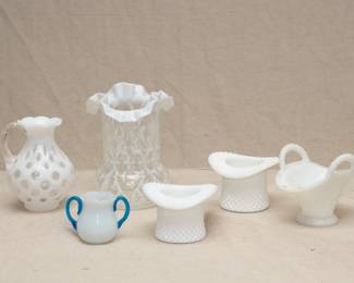 A Fenton glass Coin Dot French opalescent pitcher, a Northwood Spanish Lace vase with ruffled edge, a vintage Fry Art Glass Foval style opal & blue glass 2-handled toothpick holder, a pair of Westmoreland Diamond Point milk glass top hats, and a Westmoreland milk glass two-handled basket