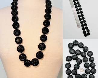 Beautifully carved Chinese motif black lacquer or polished jet bead necklace