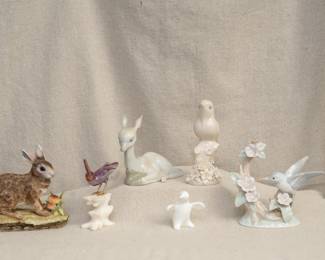 Porcelain rabbit, deer, and bird figurines