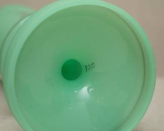 Another view of the vintage green opaline art glass vase, uranium glass, possibly French; hand painted with floral sprays and gilding, and hand painted "8300" on the base.