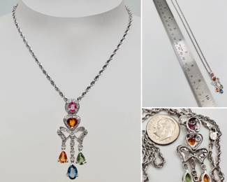 14k white gold, diamonds and gemstone dangle pendant necklace