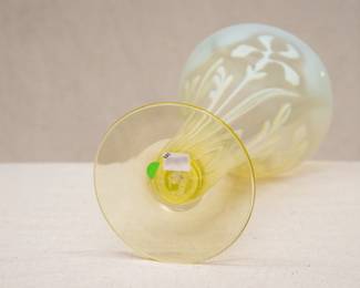 Another view of the beautiful opalescent vaseline glass / uranium glass pulled iris decoration vase, late 19th century, English (likely either James Powell & Sons or J. Walsh Walsh)