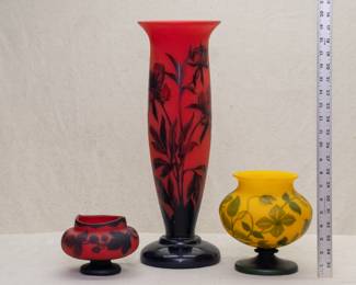 All three of the Loetz art glass vases in this sale, cameo glass with floral designs in glowing jewel tones, all marked "Richard" which was a line of art glass made by Loetz for the Edmond Etling boutique in Paris.