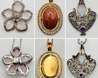 A sterling silver five-petal flower pendant necklace, a sterling silver natural red stone framed cabochon pendant necklace, and a sterling silver pendant necklace with rainbow moonstone, amethyst, topaz and peridot pendant