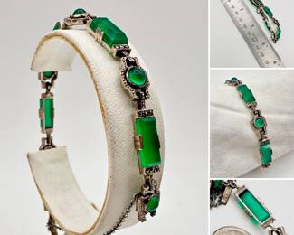 Fantastic Art Deco sterling silver and green stone bracelet, marked 'sterling' and 'Germany'