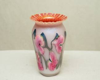 An art glass vase by John Lotton, cased glass with Pink Hearts floral design over white iridescent ground. Signed and dated 1991.