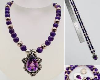 Sterling silver and amethyst beaded pendant necklace