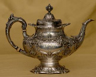 Closeup of the teapot from the Reed & Barton Francis I sterling silver tea and coffee service, monogramed