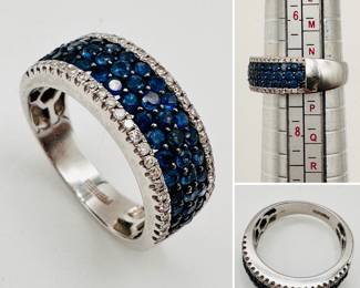 EFFY Jewelry 14kt white gold blue sapphire and clear diamond wide band ring, size 7