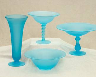 Vintage blue frosted satin Tiffin Glass vase, spiral stem footed compote, larger baluster form stem footed compote, and bowl