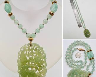 Necklace with carved hard stone beads and a large beautifully carved green jade openwork plaque pendant