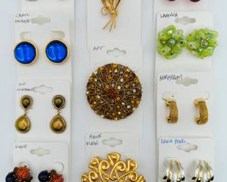 Costume jewelry earrings and brooches/pins by Erwin Pearl, Carole Dauplaise, Liz Claiborne, Vogue, Burt Cassell, Anne Klein, Laguna, Nordstom, Art