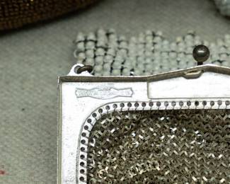 Closeup of antique Whiting & Davis Co metal mesh bag, 1920s