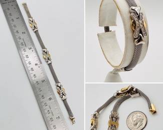 An Italian two-tone 14k gold mesh and X link with and diamonds bracelet