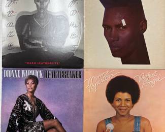 Vintage vinyl record albums: Grace Jones / Warm Leatherette, Grace Jones / Living My Life, Dionne Warwick / Heartbreaker, Minnie Ripperton / Perfect Angel