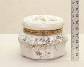 A large 1894 sample Wavecrest glass dresser box, collars and cuffs box, 7-1/2 inches wide; octagonal form with hinged round lid, hand painted with floral sprays. Quilted pink satin padding inside, and painted on the inside with "Sample," decoration name and mould number with "1894"