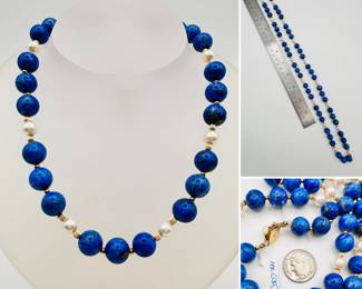 Polished blue stone and pearl bead necklace with 14k gold clasp