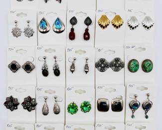 Sterling silver and gold filled earrings with carved jade, polished natural stone, abalone shell, moonstone, enamel