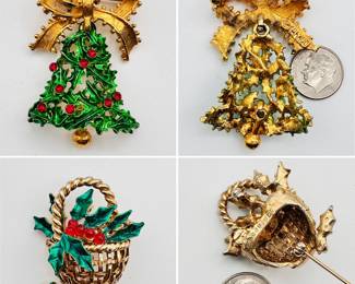 A Christmas theme brooch of gold ribbon with dangling bell made of holly, and a Boucher pin of enameled holly leaves and berries in a gold basket