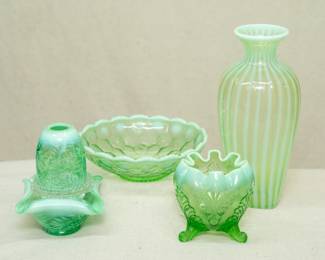 Fenton Glass three piece green opalescent uranium glass Fern pattern fairy lamp, a Fenton Honeycomb and Clover green opalescent uranium glass bowl, a Fenton opalescent ribbed green uranium glass vase, and an EAPG Dugan Palm and Scroll green opalescent rose bowl, uranium glass.