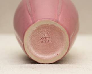 Closeup of the small Rookwood art pottery vase #2090 in matte mauve glaze, dated 1938, approx. 4-1/4 inches high