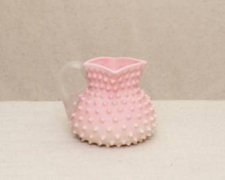 A vintage Phoenix peach blow glass hobnail pitcher with applied frosted glass handle