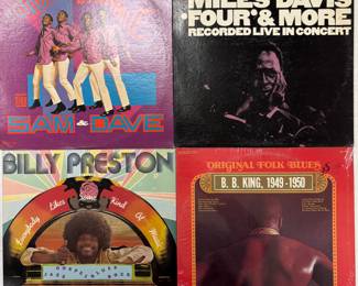 Vintage LP records: Sam & Dave / Double Dynamite, Miles Davis /Four & More, Billy Preston / Everybody Likes Some Kind of Music, B.B. King, 1949-1950 / Original Folk Blues