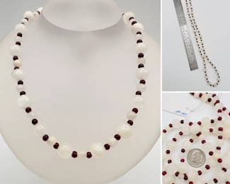 Polished natural red and white stone beaded necklace with 14k gold clasp