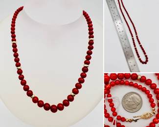 Polished red natural stone beaded necklace with 14k gold clasp