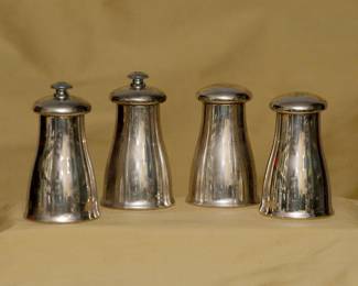 Two sets of silver plated Peugeot salt shakers and pepper grinders