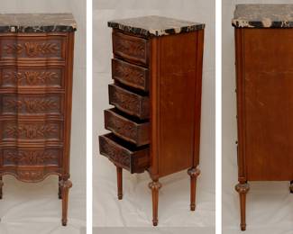 Antique style tall marble topped 5-drawer lingerie chest