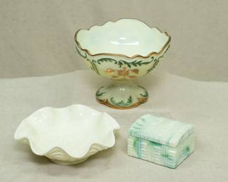 EAPG - A Northwood Intaglio pattern custard glass UV reactive berry glass, a Northwood uranium custard glass "Pansy" pattern ruffled edge bowl, and an Akro Agate Company No. 804 Treasure Trunk dusting powder jar, uranium slag glass.