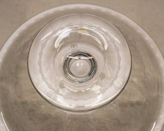 Closeup of the base of the vintage beautifully etched clear glass footed compote