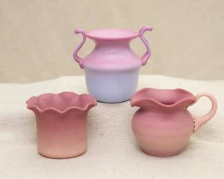 A matte finish Mt Washington style peachblow double handled vase (Mt. Washington peachblow was originally called “Peach Blow” or “Peach Skin,” and shades from rose pink at the top to a blue gray at the bottom), and two vintage Burmese art glass items