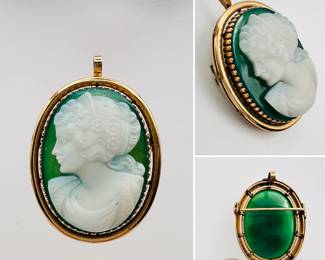 Vintage 14k yellow gold framed cameo, green and white agate; loop at top to wear as a pendant, and has pin on the back for wearing as a brooch