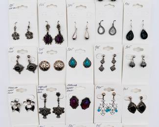 More fine sterling silver earrings, some pierced, some screwback; many with natural polished stones, pearls.